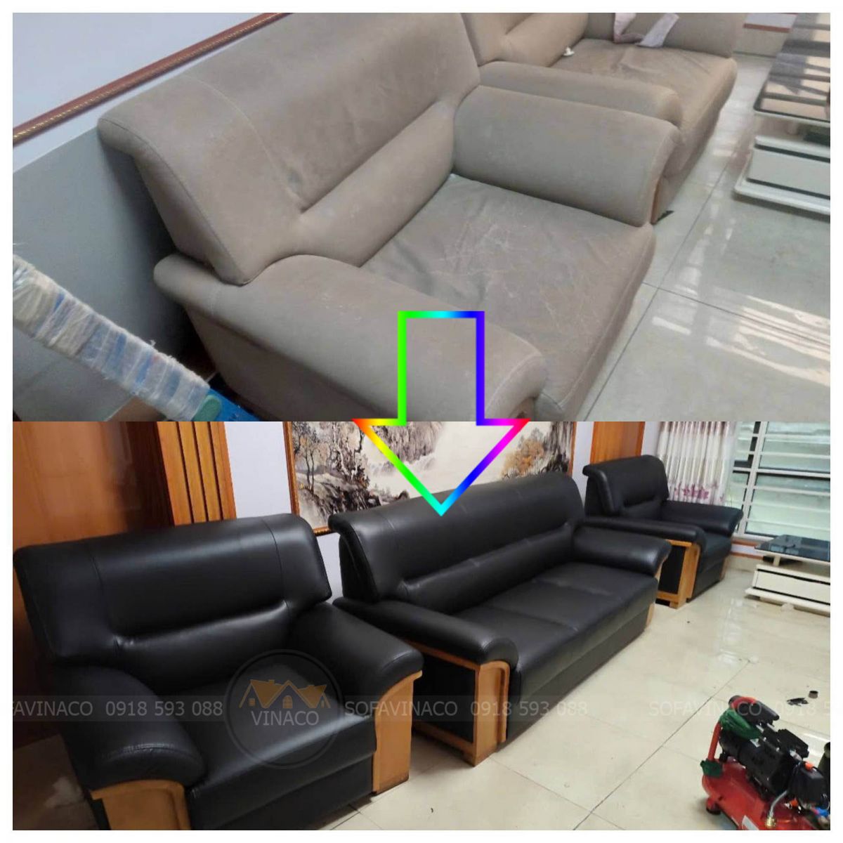 Ghế sofa sau khi được bọc lại bằng giả da cao cấp