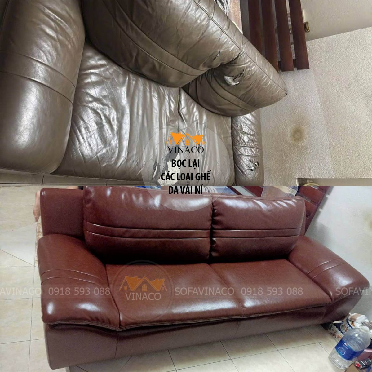 Bộ ghế trước và sau khi sử dụng dịch vụ bọc ghế sofa tại nhà Hà Nội của Vinaco